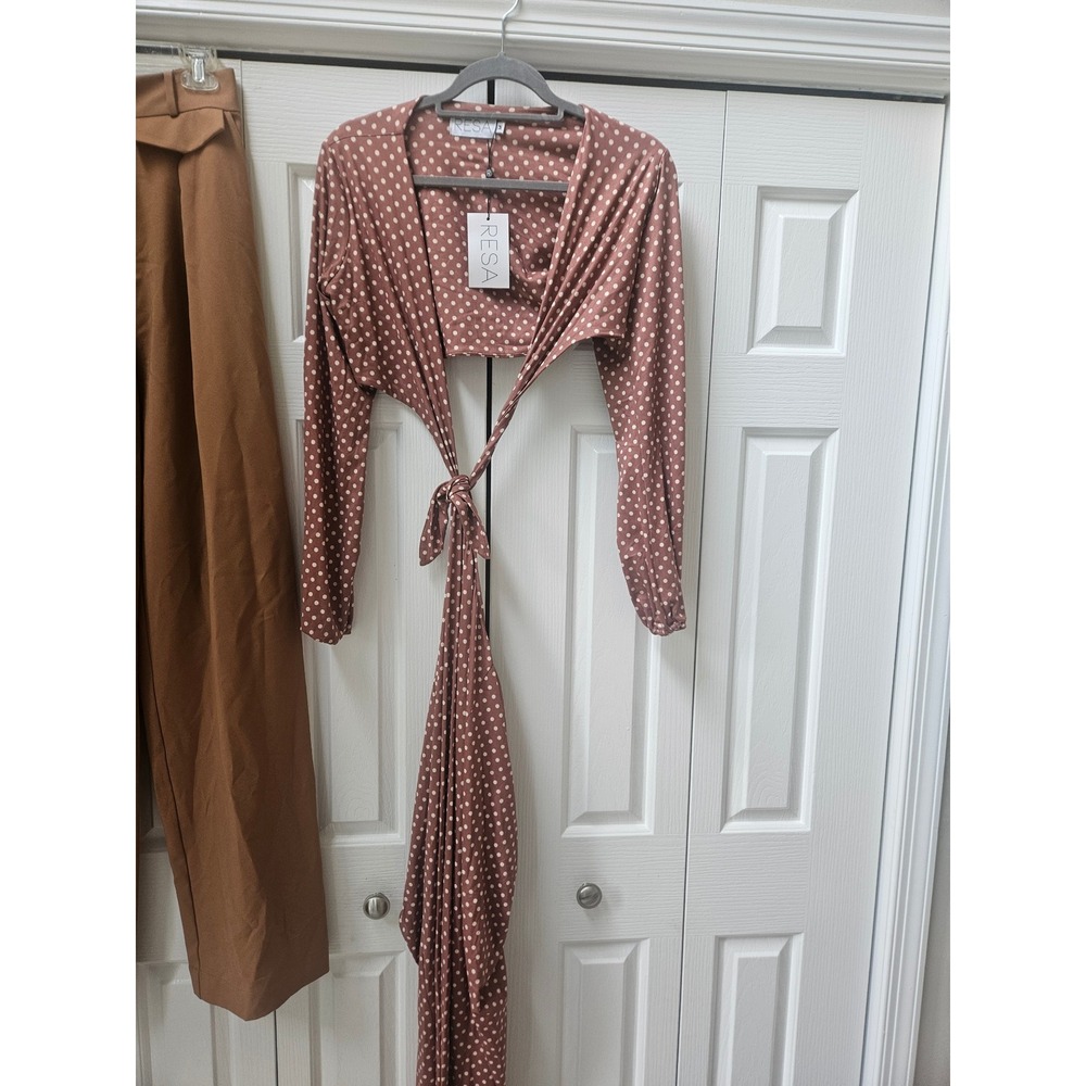 RESA Polka Dot Tie Front Crop Top Long Sleeve Brown White NWT Size Medium